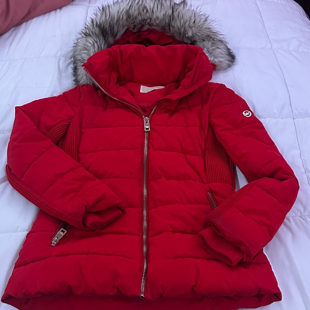 Michael Kors Red Puffer Jacket with Faux Fur Hood